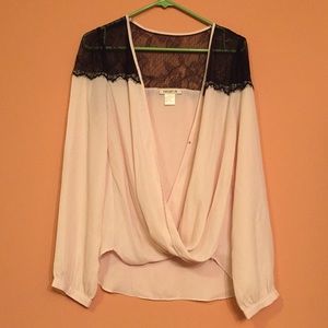 Cream Long Sleeve Arden B. Draped Blouse w/ Lace